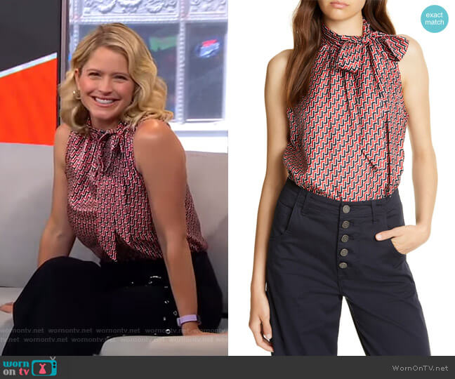 Joie Pascale Geometric Tie Neck Blouse worn by Sara Haines on Good Morning America