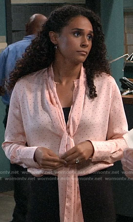 Jordan’s pink polka dot tie neck blouse on General Hospital