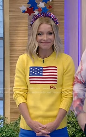 Kelly’s yellow american flag sweater on Live with Kelly and Ryan