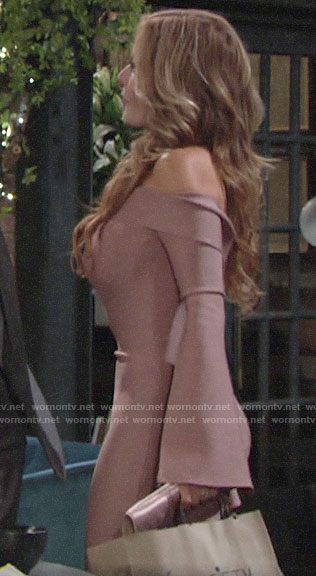 Lauren’s pink off-shoulder bell-sleeve dress on The Young and the Restless