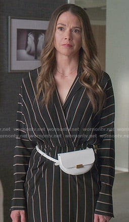 Liza’s black striped dress and belt bag on Younger