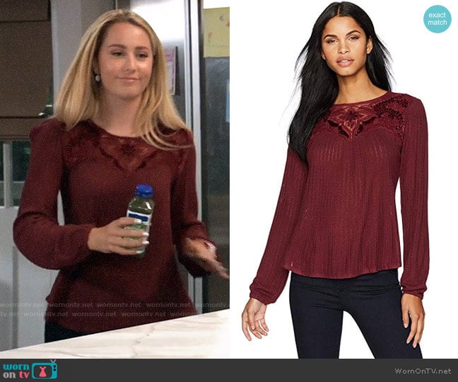 Lucky Brand Velvet Applique Yoke Top worn by Josslyn Jacks (Eden McCoy) on General Hospital