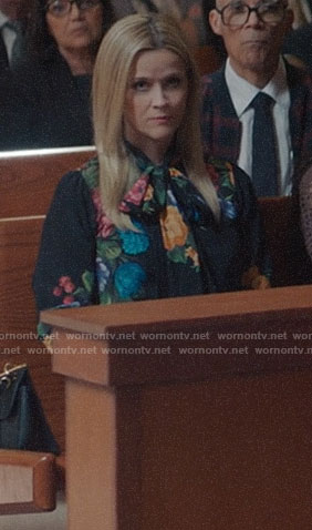 Madeline’s black floral tie neck blouse on Big Little Lies