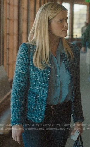 Madeline’s blue button down blouse and tweed jacket on Big Little Lies