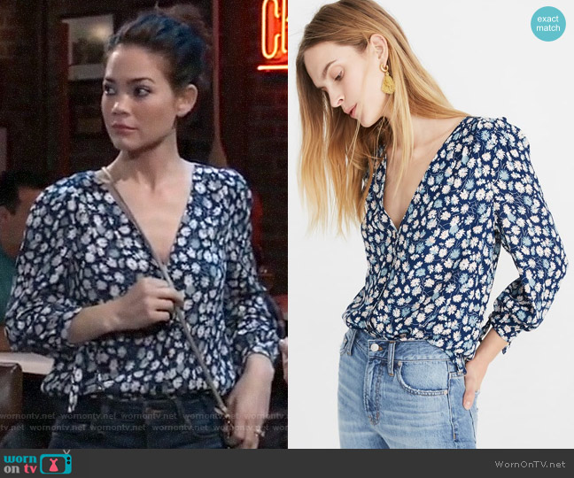 Madewell Tie Sleeve Button Down Top in French Floral Blue Moon worn by Elizabeth Webber (Rebecca Herbst) on General Hospital