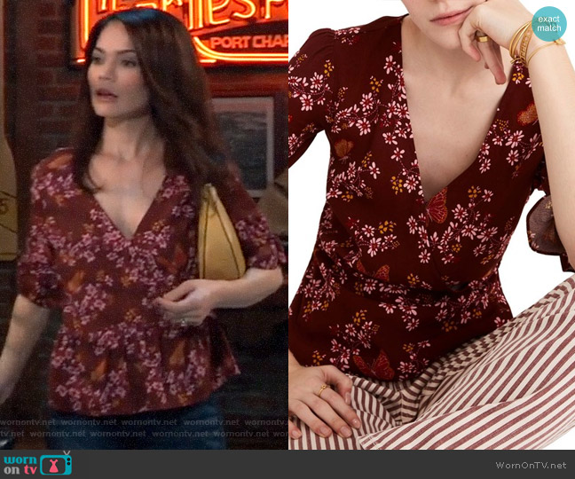 Madewell Tie-Sleeve Wrap Top in Butterfly Sanctuary worn by Elizabeth Webber (Rebecca Herbst) on General Hospital