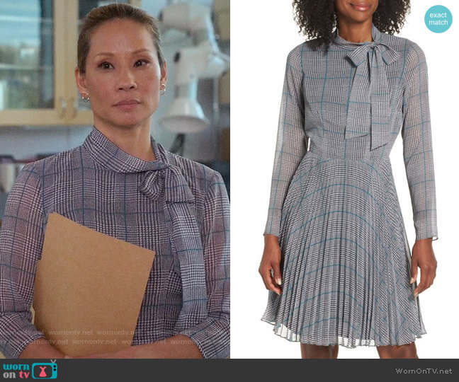 Maggy London Plaid Chiffon Fit and Flare Dress worn by Joan Watson (Lucy Liu) on Elementary