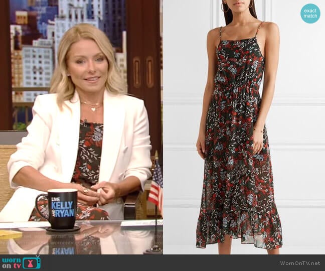 Maje Ruffle-trimmed Printed Chiffon Midi Dress worn by Kelly Ripa on Live with Kelly and Mark