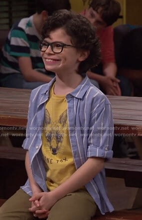 Matteo’s yellow fox print tee and striped shirt on Bunkd