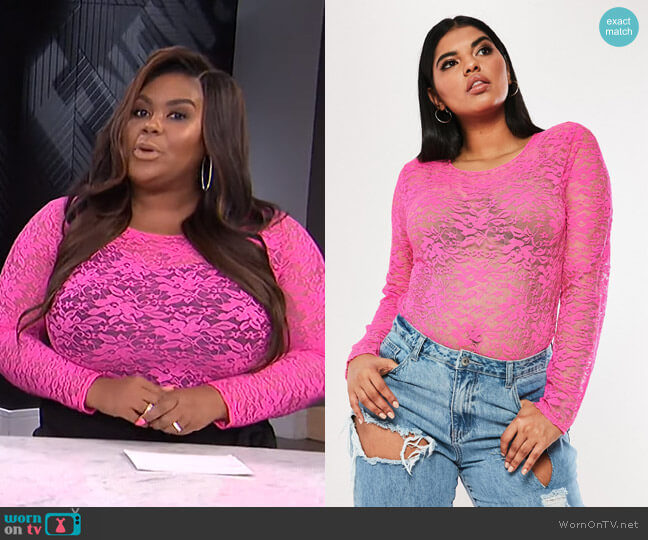 Missguided Plus Size Neon Pink Lace Bodysuit worn by Nina Parker on E! News