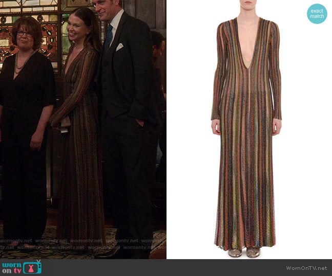 Missoni Plunging Long-Sleeve Metallic Striped Long Dress worn by Liza Miller (Sutton Foster) on Younger