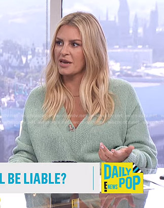 Morgan’s green v-neck sweater on E! News Daily Pop