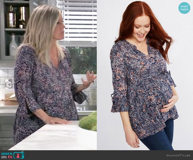 Motherhood Maternity Tie Sleeve Maternity Blouse in Multi Floral worn by Carly Spencer (Laura Wright) on General Hospital