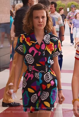 El’s black multicolored print romper on Stranger Things