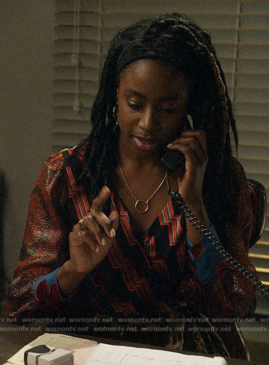 Nicole’s metallic mixed print wrap top on Veronica Mars