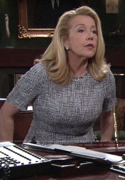 Nikki’s tweed short sleeve dress with beaded pockets on The Young and the Restless