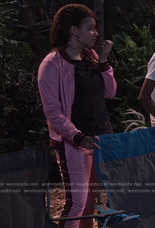 Jade’s pink bomber jacket and track pants on Family Reunion