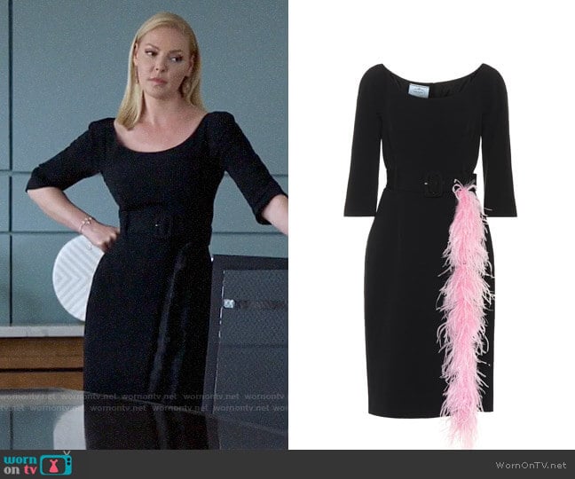 Prada Feather-trimmed crepe dress worn by Samantha Wheeler (Katherine Heigl) on Suits