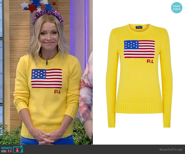 Ralph Lauren American Flag Sweater worn by Kelly Ripa on Live with Kelly and Mark