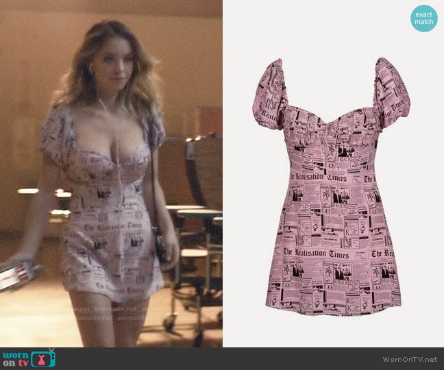 Realisation The Venus Dress in Newspaper Print worn by Cassie Howard (Sydney Sweeney) on Euphoria