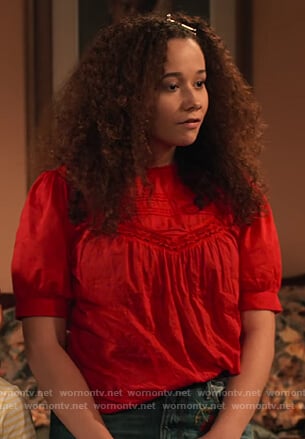 Jade’s red lace trim top on Family Reunion