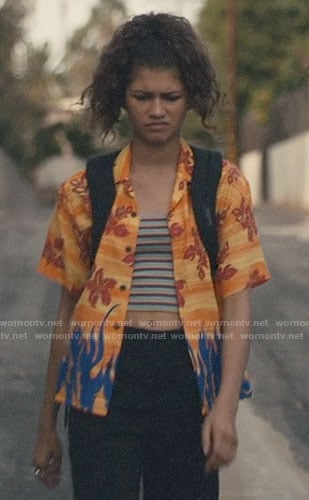 Rue’s orange floral and flame print shirt on Euphoria