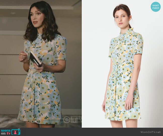 Sandro Short-Sleeve High-Neck Dress worn by Alicia Mendoza (Denyse Tontz) on Grand Hotel