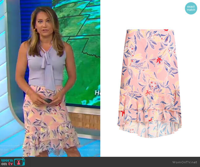 See by Chloe Asymmetric Ruffle-Trimmed Floral-Print Skirt worn by Ginger Zee on Good Morning America