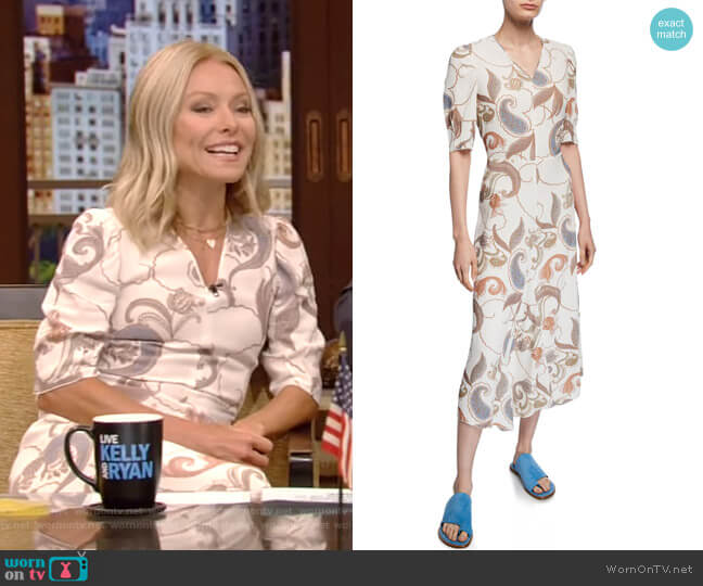 See by Chloe Paisley-Print Short-Sleeve Asymmetrical Midi Dress worn by Kelly Ripa on Live with Kelly and Mark
