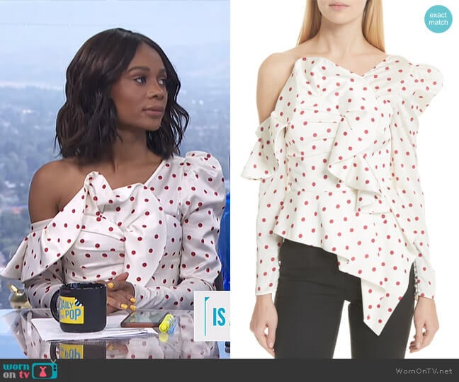 Self Portrait Polka Dot Ruffle One-Shoulder Satin Top worn by Zuri Hall on E! News