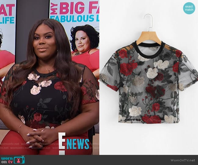 Shein Sheer Mesh Floral Embroidered Crop Top worn by Nina Parker on E! News