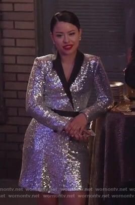 Mariana’s silver sequin wrap dress on Good Trouble