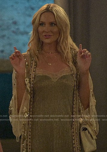 Stephanie’s metallic slip dress and embroidered kimono on The Hills New Beginnings