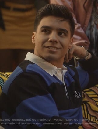 Vivek’s blue striped rugby polo shirt on Grown-ish
