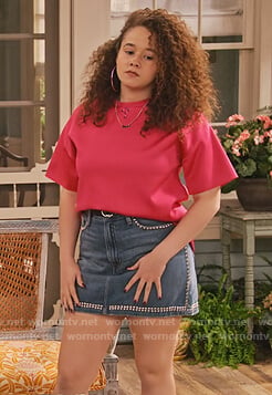 Jade’s studded denim mini skirt on Family Reunion