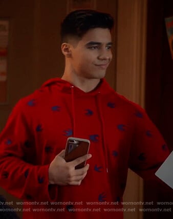 Vivek’s red swallow print hoodie on Grown-ish
