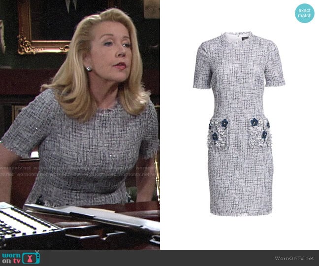 Teri Jon by Rickie Freeman Tweed Beaded Applique Sheath Dress worn by Nikki Reed Newman (Melody Thomas-Scott) on The Young and the Restless