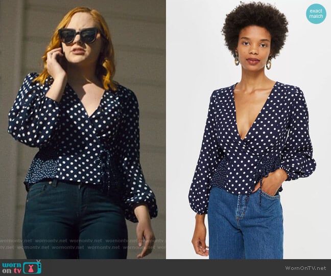 Topshop Mix Polka Dot Wrap Blouse worn by Violet Simmons (Haley Ramm) on Light as a Feather