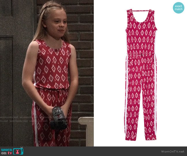 Tucker + Tate Print Knit Jumpsuit in Red Beetroot Ikat worn by Charlotte Cassadine (Scarlett Fernandez) on General Hospital