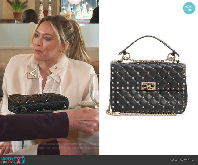 Valentino Medium Rockstud Matelassé Quilted Leather Crossbody Bag worn by Kelsey Peters (Hilary Duff) on Younger