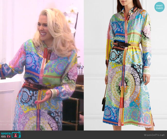 Versace Printed Silk-Twill Midi Dress worn by Erika Jayne on The Real Housewives of Beverly Hills