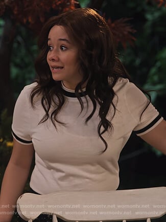 Jade’s white stripe trim top on Family Reunion