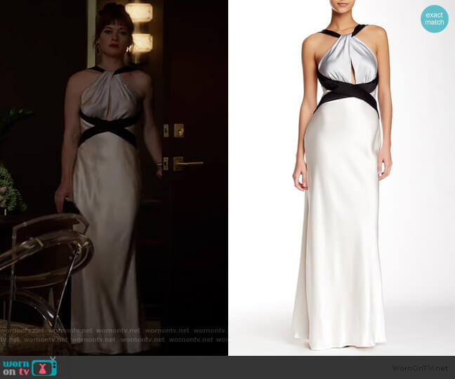 ABS by Allen Schwartz Colorblock Satin Halter Gown worn by Lisa Donovan (Jane Levy) on What/If