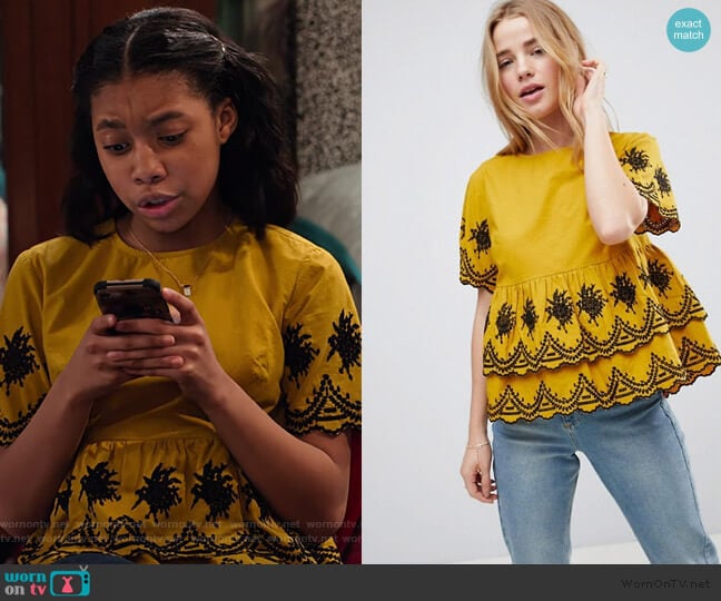 ASOS Embroidered Ruffle Smock Top worn by Becky (Kyla-Drew) on No Good Nick