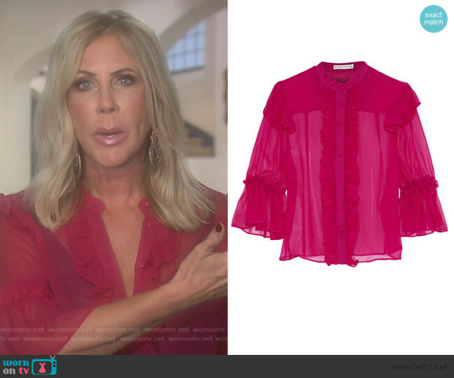Alice + Olivia Odele ruffle-trimmed silk-chiffon blouse worn by Vicki Gunvalson on The Real Housewives of Orange County