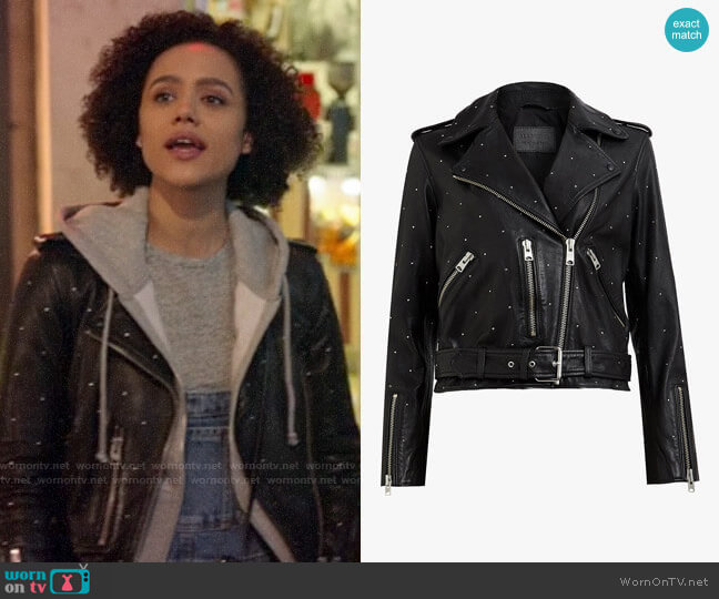 All Saints Studded Balfern Jacket worn by Maya (Nathalie Emmanuel) on Four Weddings and a Funeral