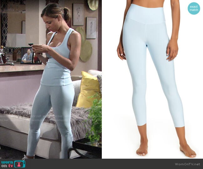 Alo Yoga Airlift High Waist Capris in Powder Blue worn by Elena Dawson (Brytni Sarpy) on The Young and the Restless