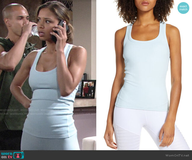 Alo Yoga Rib Support Tank in Powder Blue worn by Elena Dawson (Brytni Sarpy) on The Young and the Restless