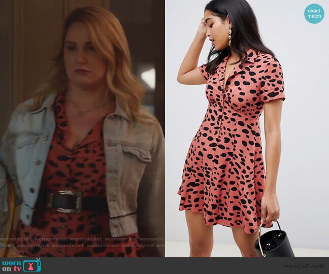ASOS button through mini skater dress in splodge print worn by Davia (Emma Hunton) on Good Trouble