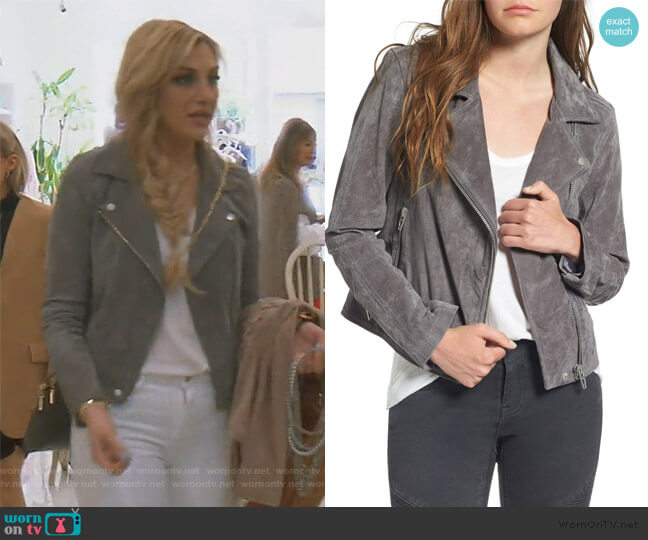 BlankNYC Denim Suede Moto Jacket worn by Gina Kirschenheiter on The Real Housewives of Orange County